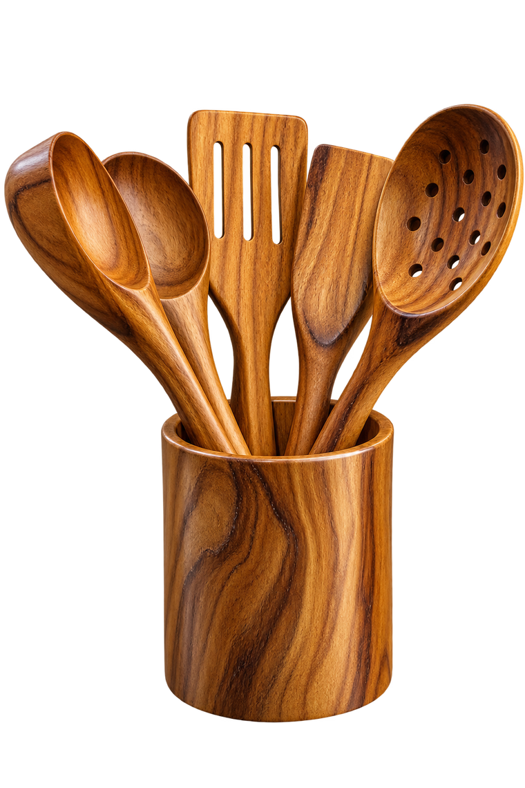AnnServe Ladle and Spoon Set 5 utensils with holder wooden ladles, spoons and spatulas in the included holder