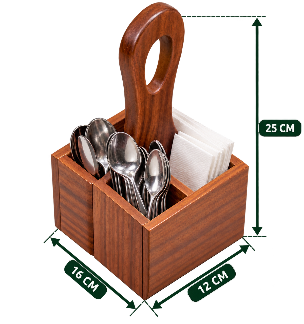 Neck Caddy 6.3 inch length wooden cutlery and napkin organiser with accessories shown for presentation only