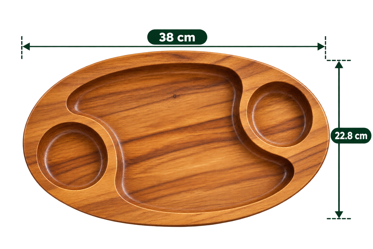 Oval Chip and Dip 15 inch length empty wooden platter with two built-in dip wells