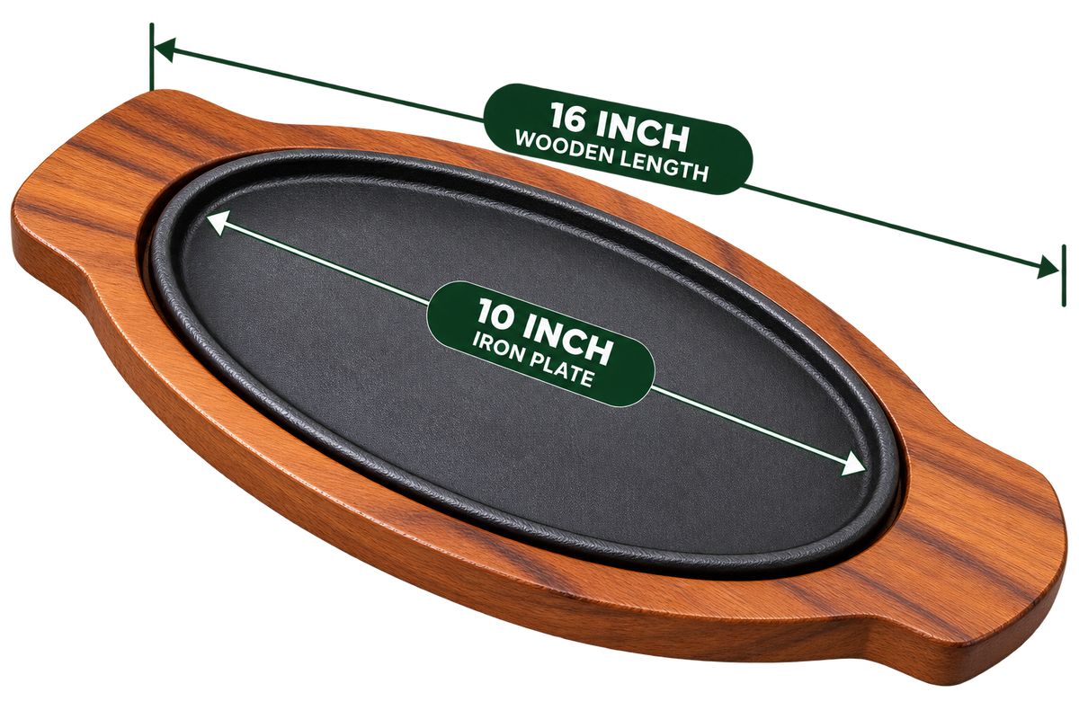 Oval Sizzler 10 Inch iron plate with 16 inch wooden base empty view