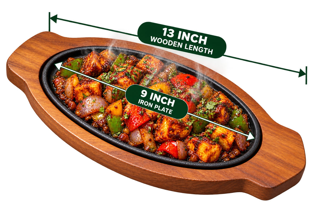 Oval Sizzler 9 Inch iron plate with 13 inch wooden base meal presentation