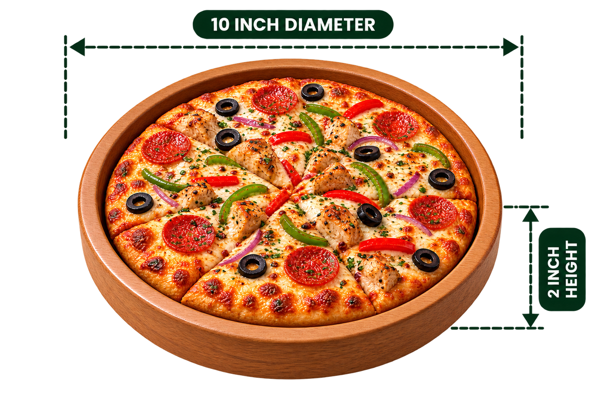 Pizza Plate 10 inch diameter, 2 inch product height, serving example; one wooden plate, pizza not included