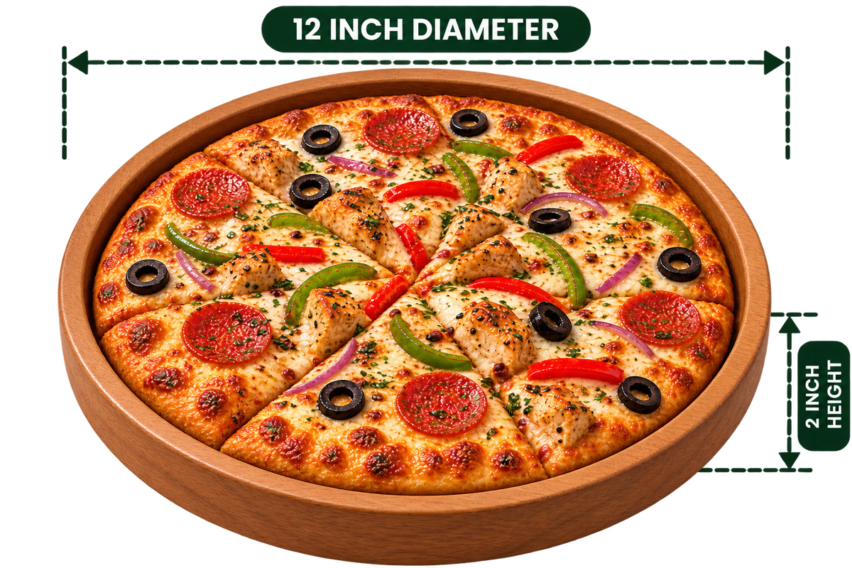 Pizza Plate 12 inch diameter, 2 inch product height, serving example; one wooden plate, pizza not included