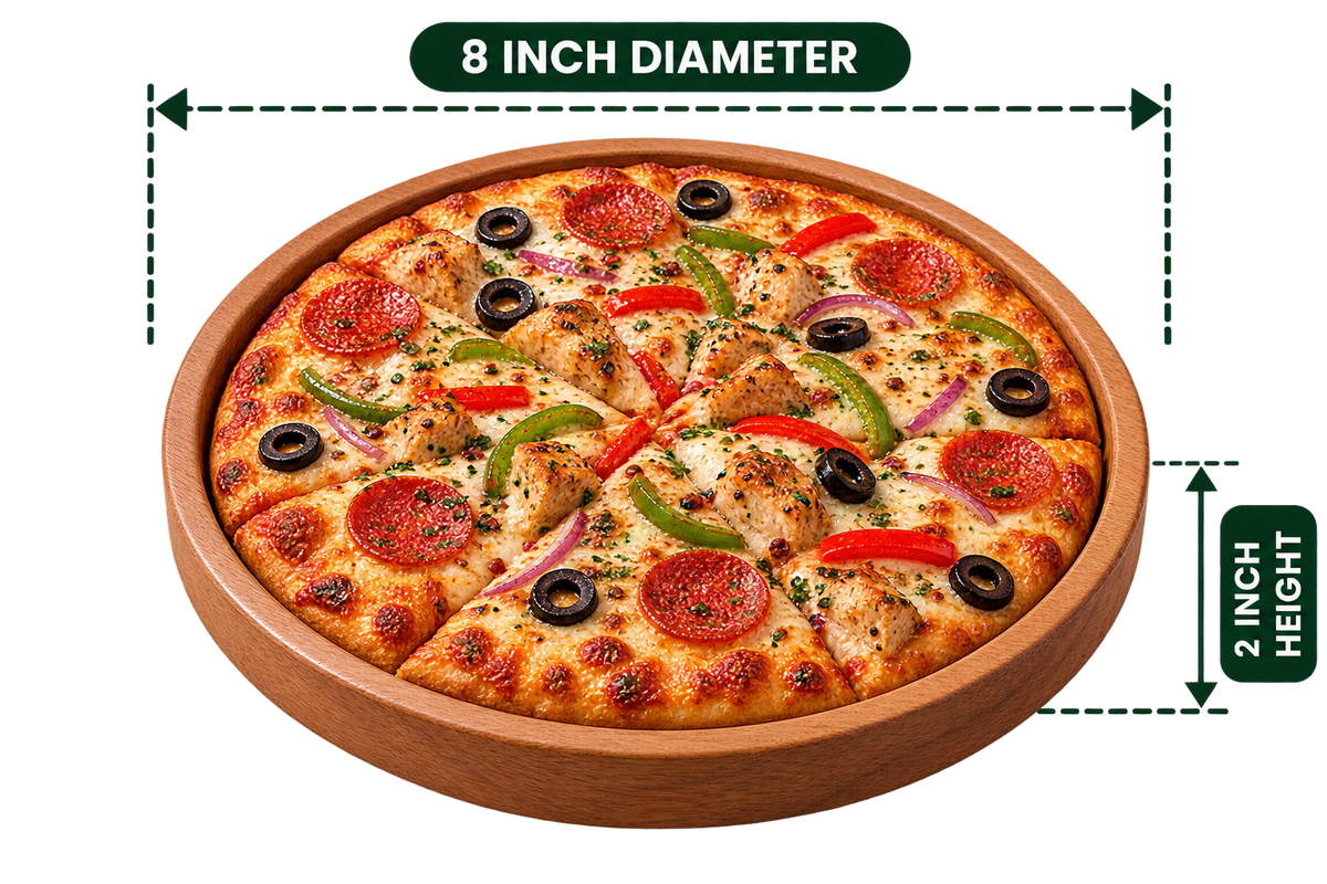 Pizza Plate 8 inch diameter, 2 inch product height, serving example; one wooden plate, pizza not included
