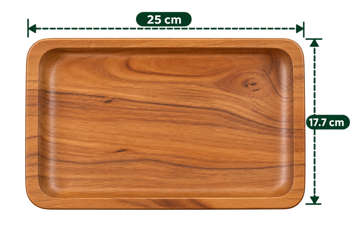 Platter 10 inch length empty wooden serving platter; photo labels 25 x 17.7 cm