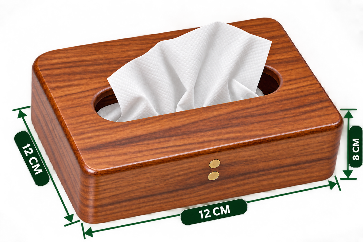 Pop-Up Tissue Holder 4.7 inch length wooden dispenser with tissue shown for presentation only