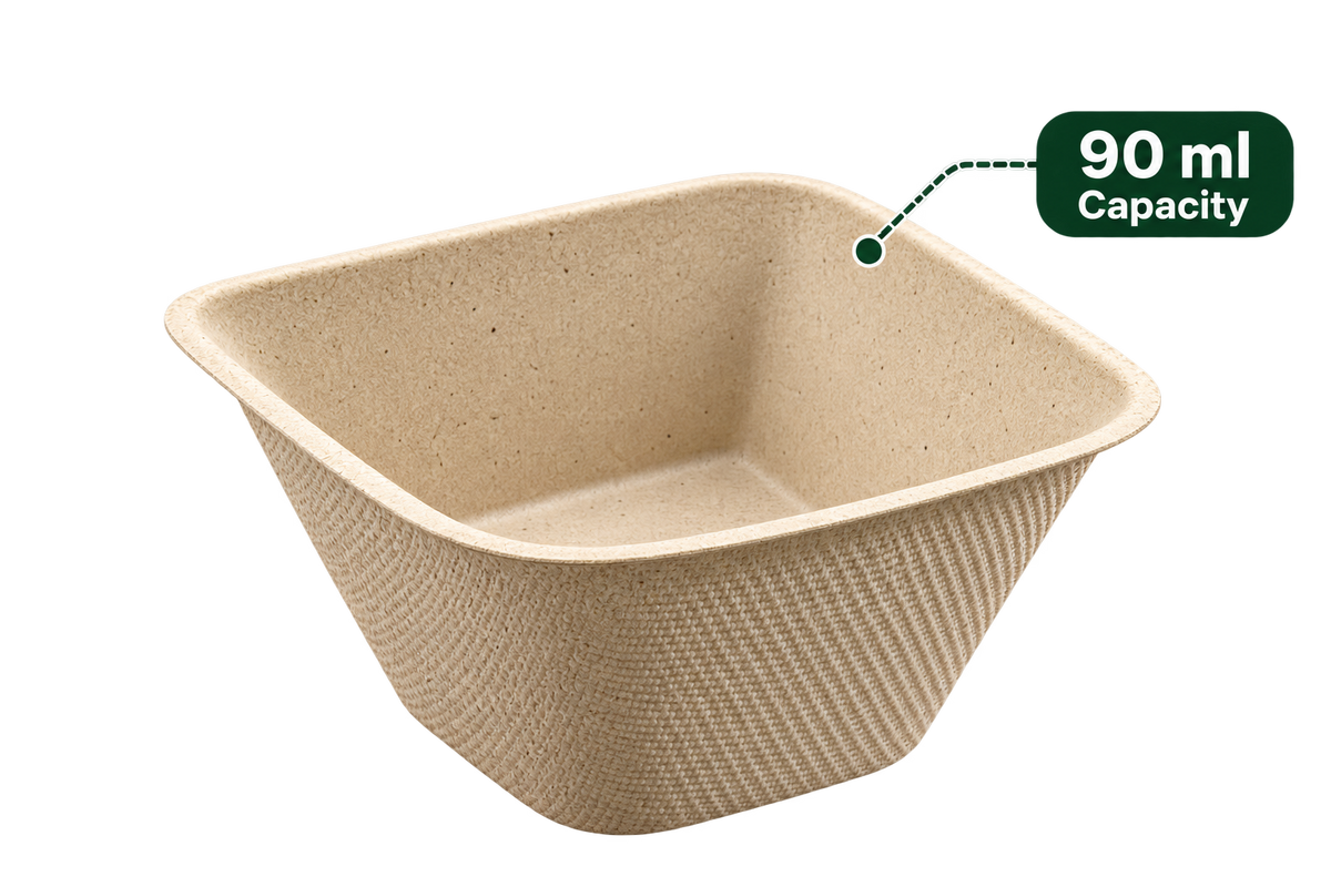 Empty 90 ml brown premium bagasse sauce dip container