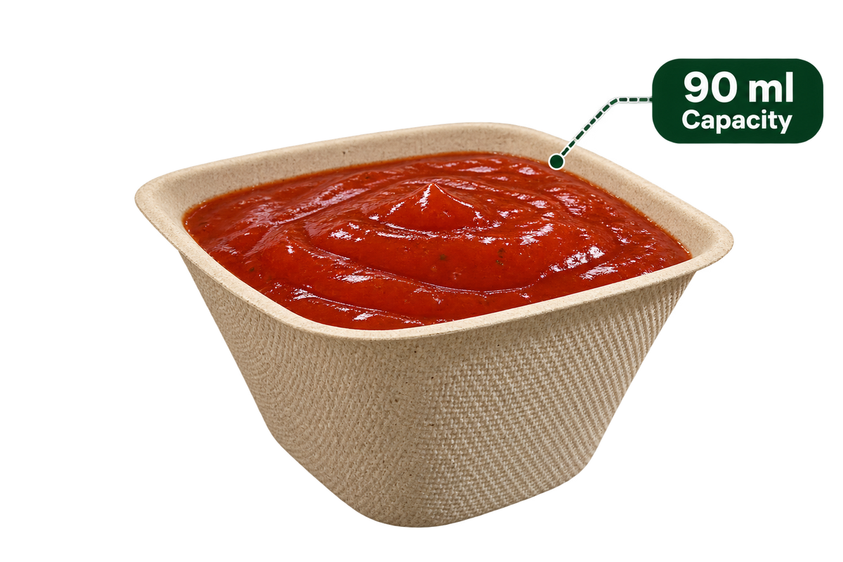 AnnServe 90 ml brown premium bagasse sauce dip container filled with sauce