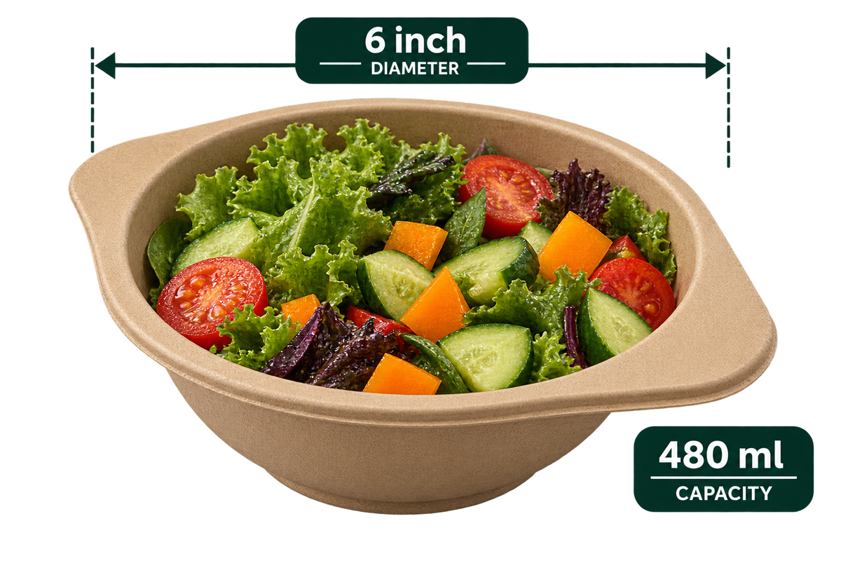 Premium bagasse bowl 480ML brown 6 inch salad bowl capacity view