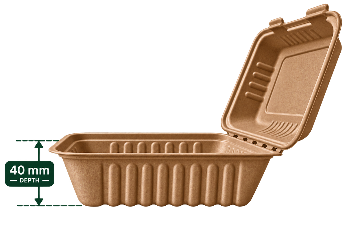 Side view of brown bagasse 9x6 inch clamshell container showing 40 mm depth