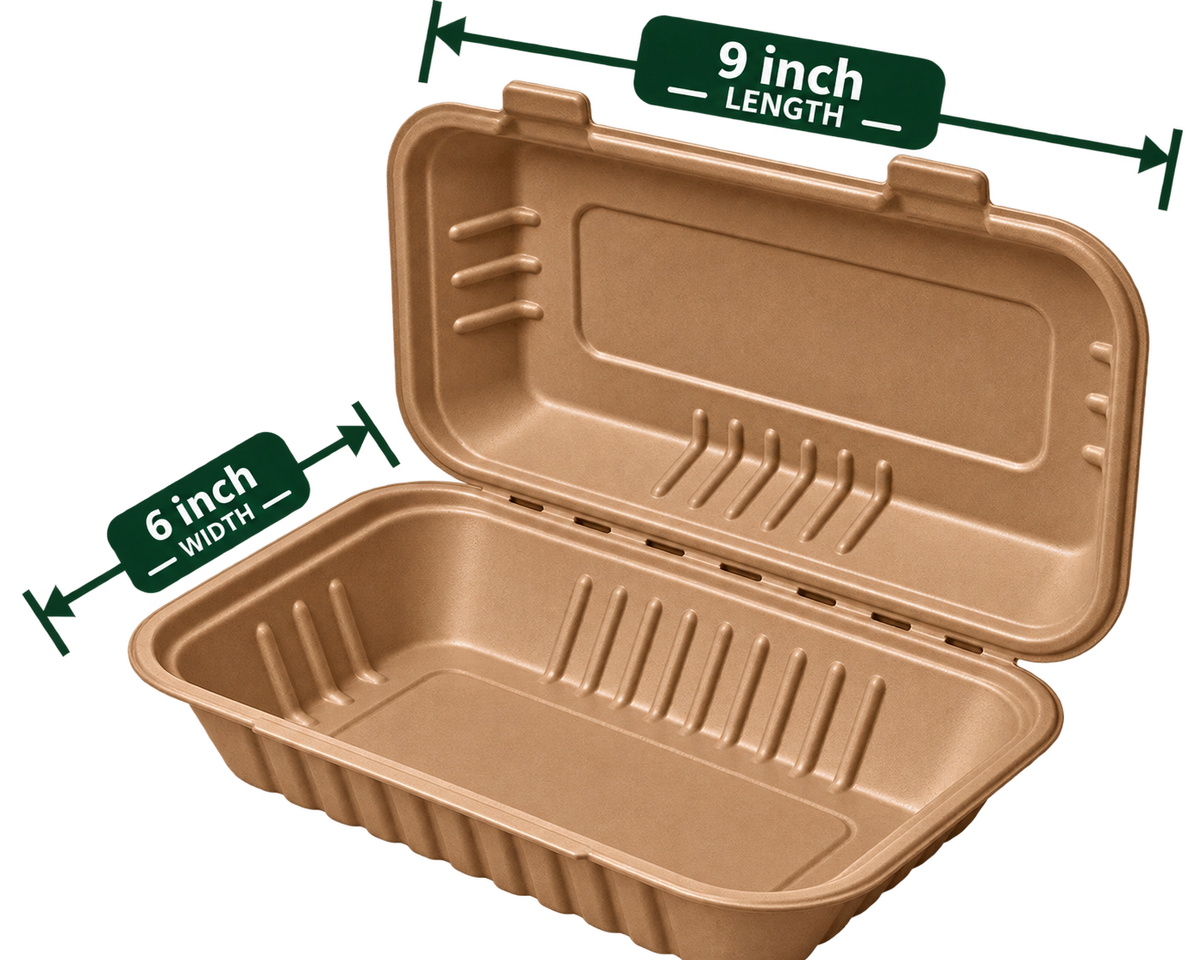 Brown bagasse rectangular clamshell with attached lid showing 9 inch length and 6 inch width