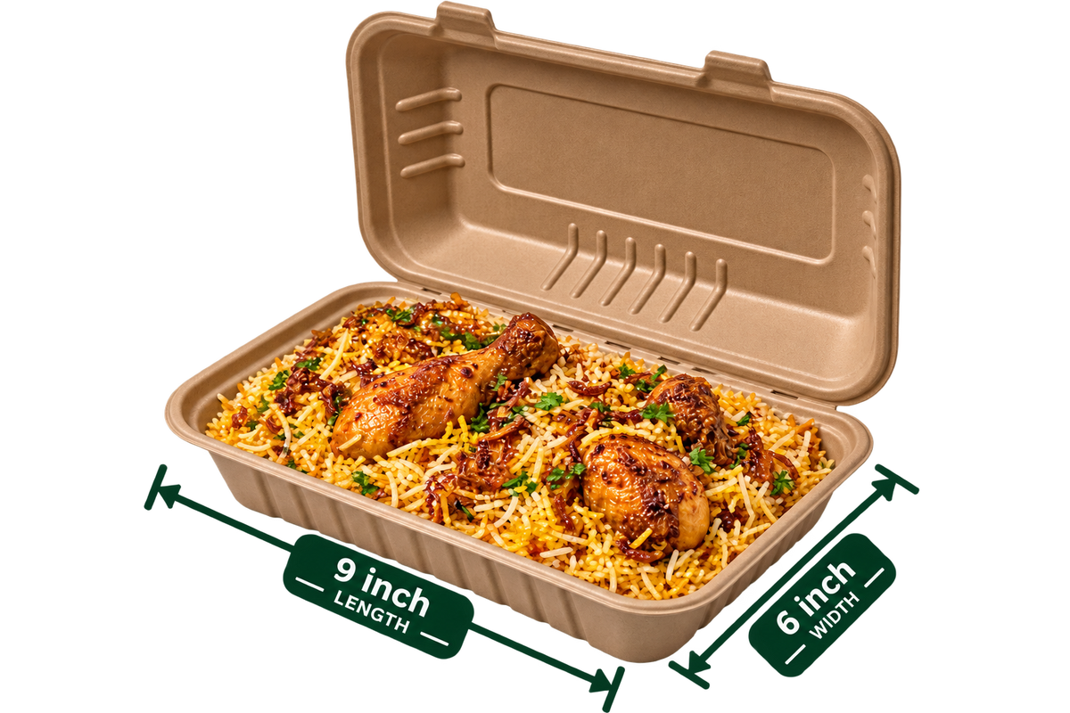 AnnServe 9x6 inch brown premium bagasse rectangular clamshell box filled with chicken biryani