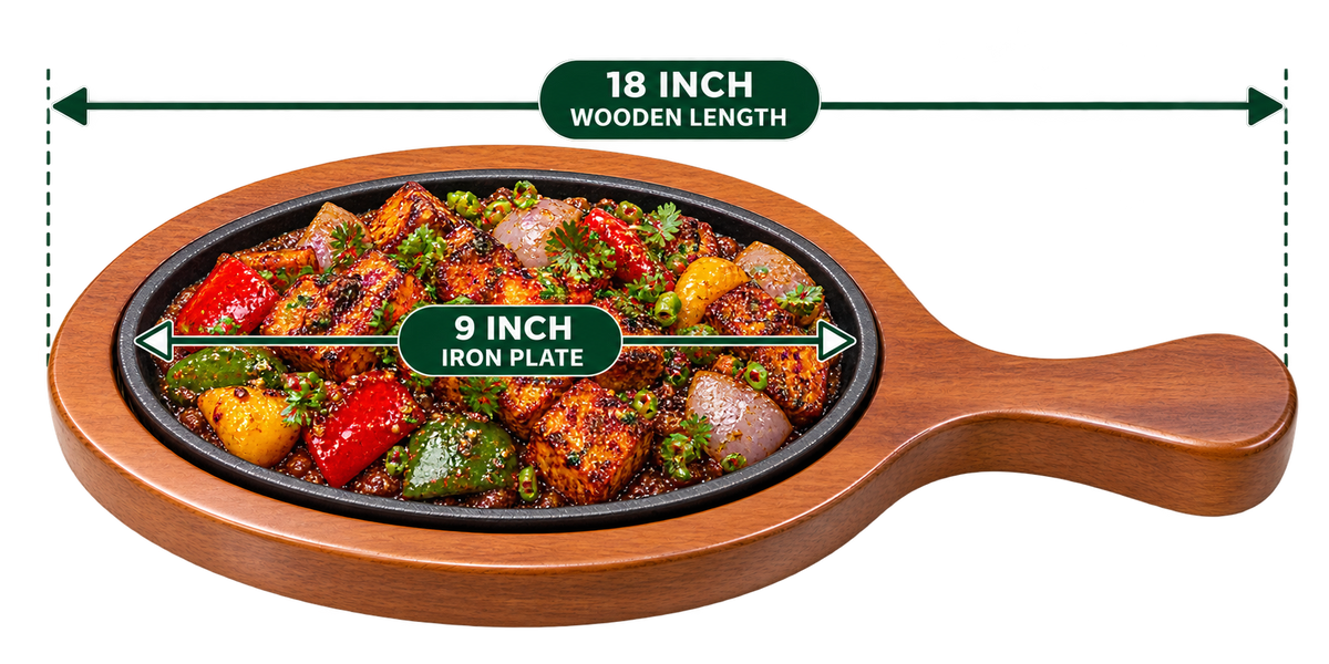 Racket Sizzler 9 Inch iron plate with 18 inch wooden serving base meal presentation