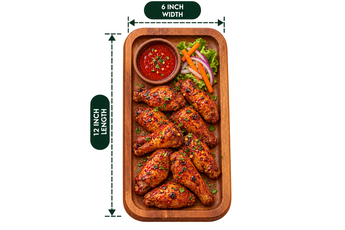 Rectangular Platter 12 inch length, 6 inch width, serving example; one wooden platter, food and dip bowl not included