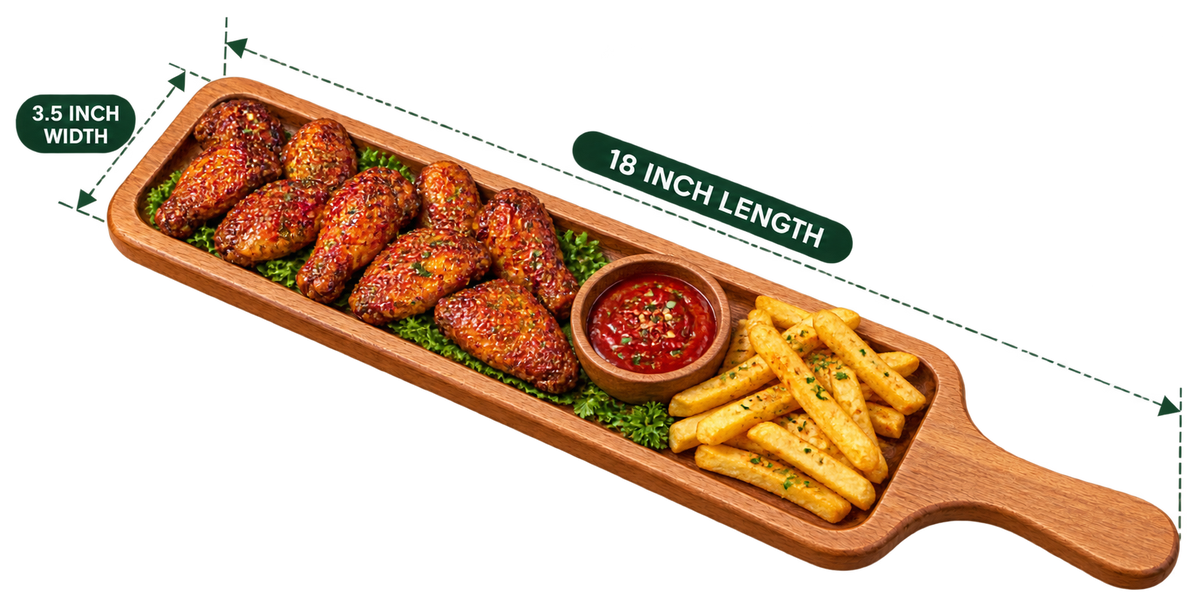 Rectangular Platter With Handle 18 inch length, 3.5 inch width, serving example; one wooden platter, food and dip bowl not included