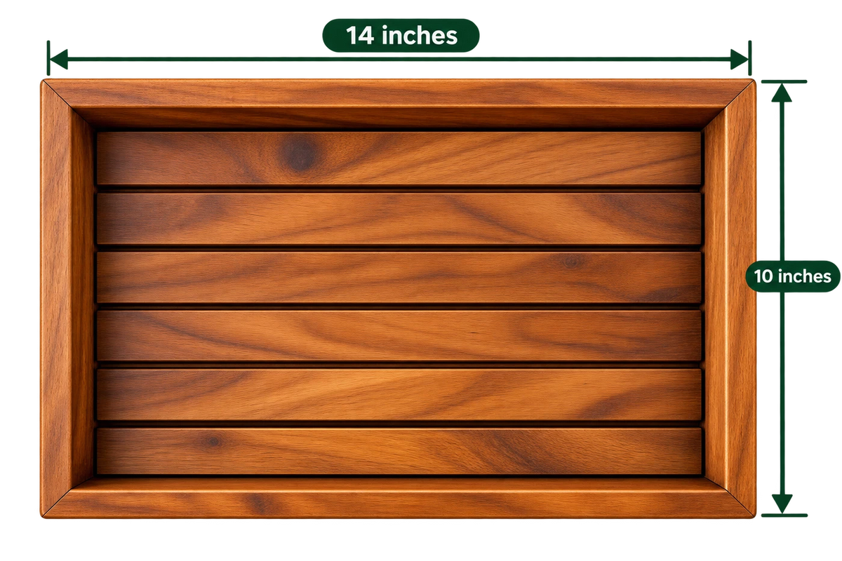 AnnServe Rectangular Striped Tray 14 inch length empty wooden serving tray with slatted base; photo labels 14 x 10 inches