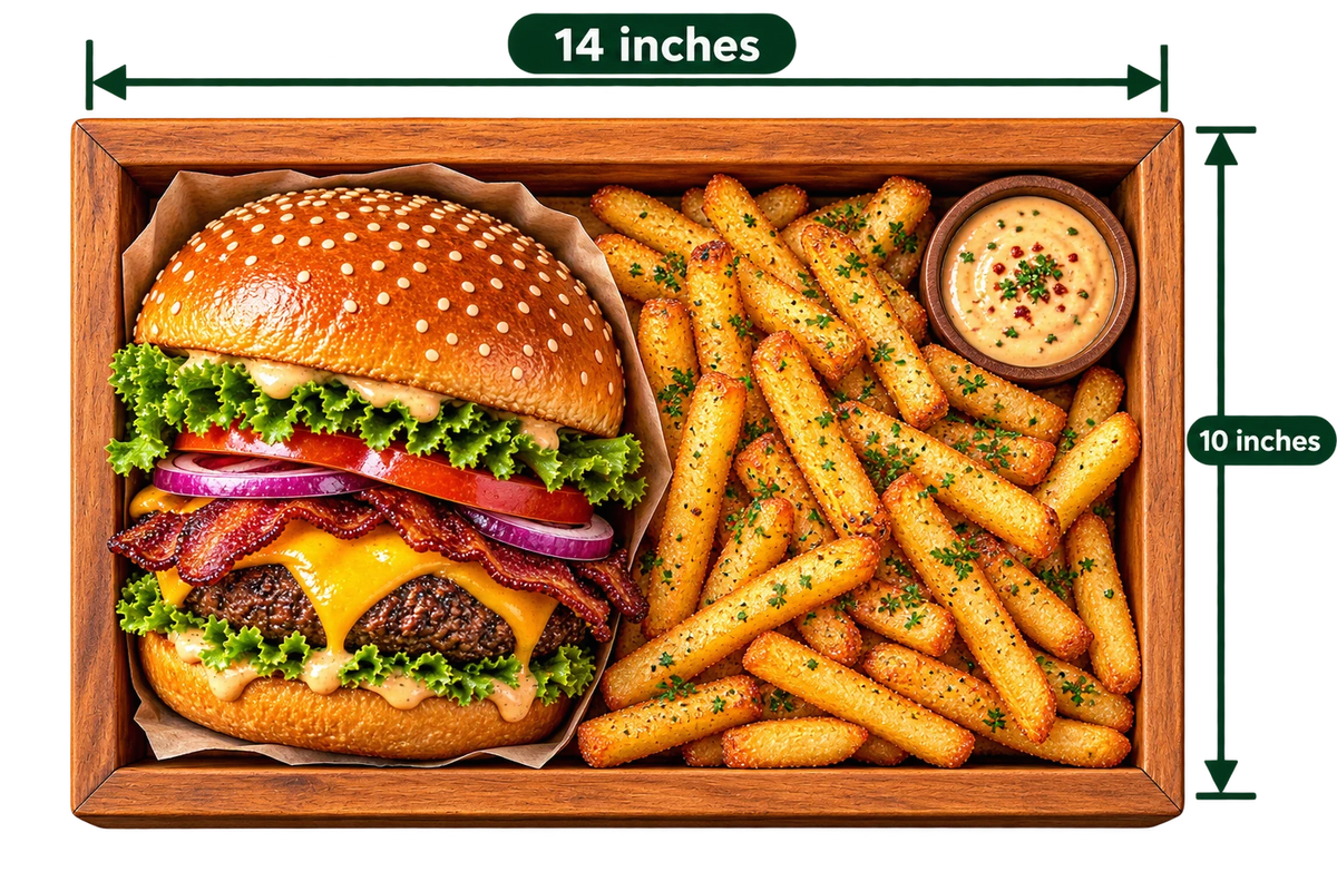 AnnServe Rectangular Striped Tray 14 inch length serving presentation; food, dip bowl and accessories not included; photo labels 14 x 10 inches