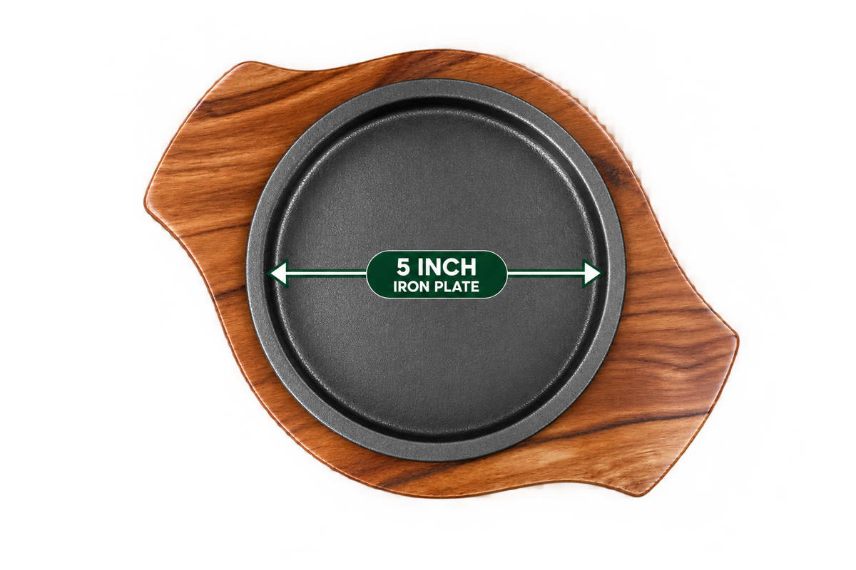 Round Brownie Sizzler 5 Inch iron plate with wooden base empty view