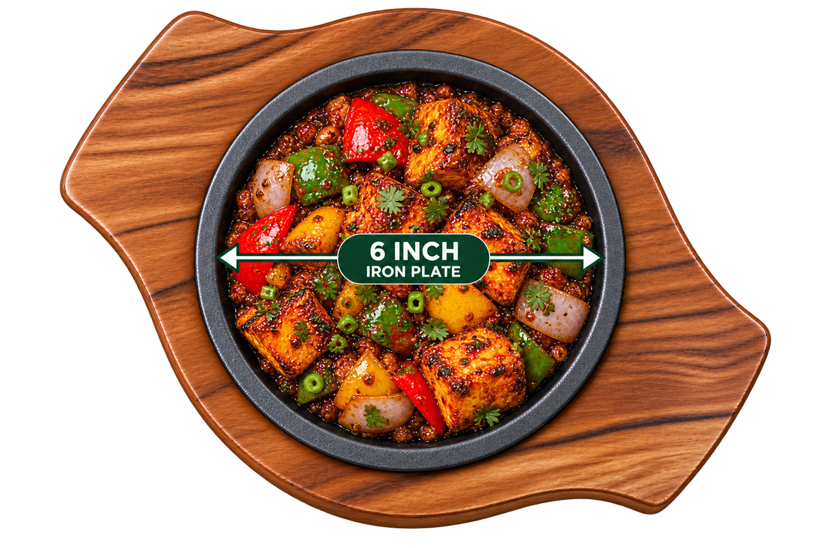 Round Brownie Sizzler 6 Inch iron plate with wooden base meal presentation