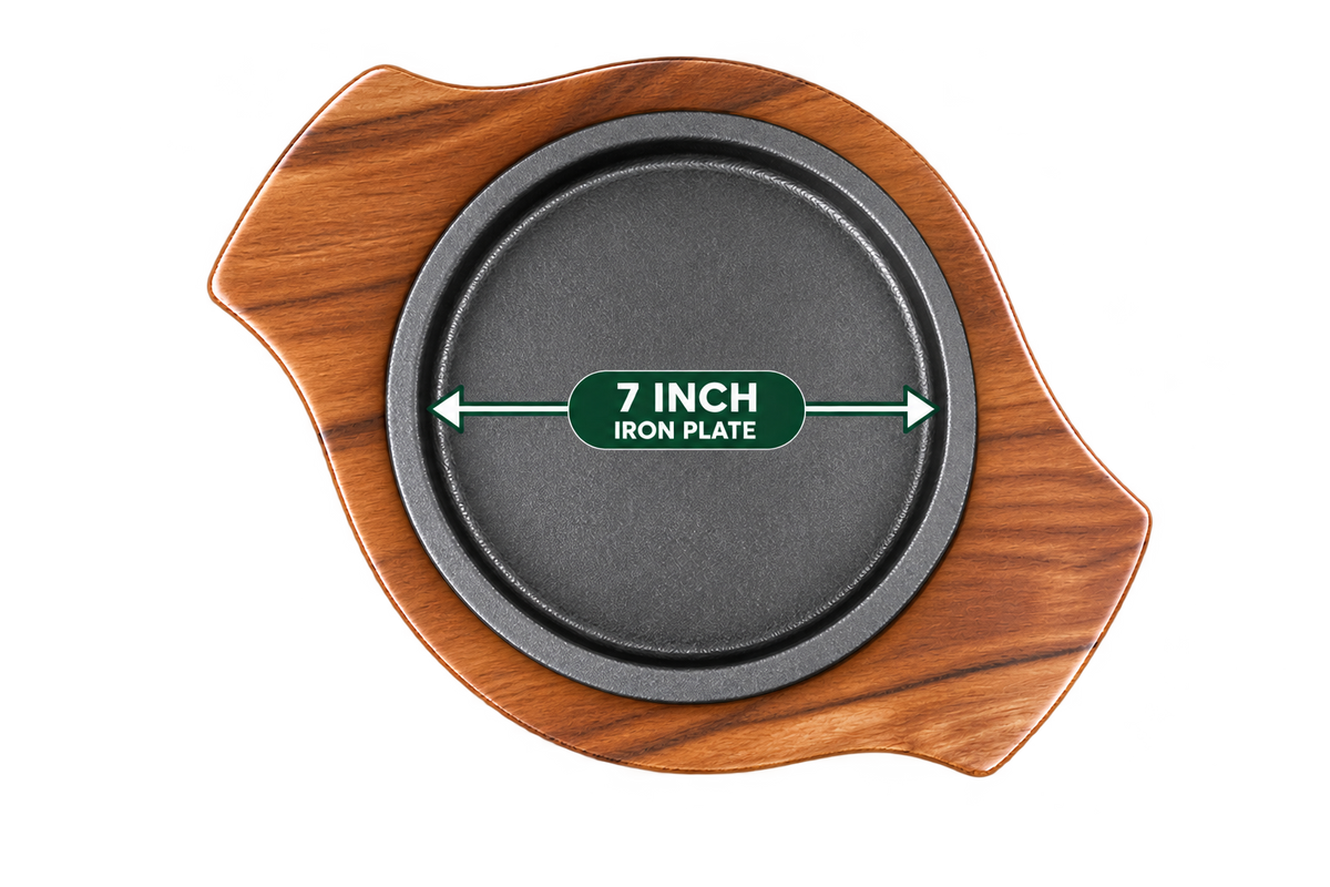 Round Brownie Sizzler 7 Inch iron plate with wooden base empty view