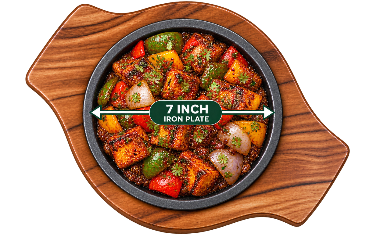 Round Brownie Sizzler 7 Inch iron plate with wooden base meal presentation