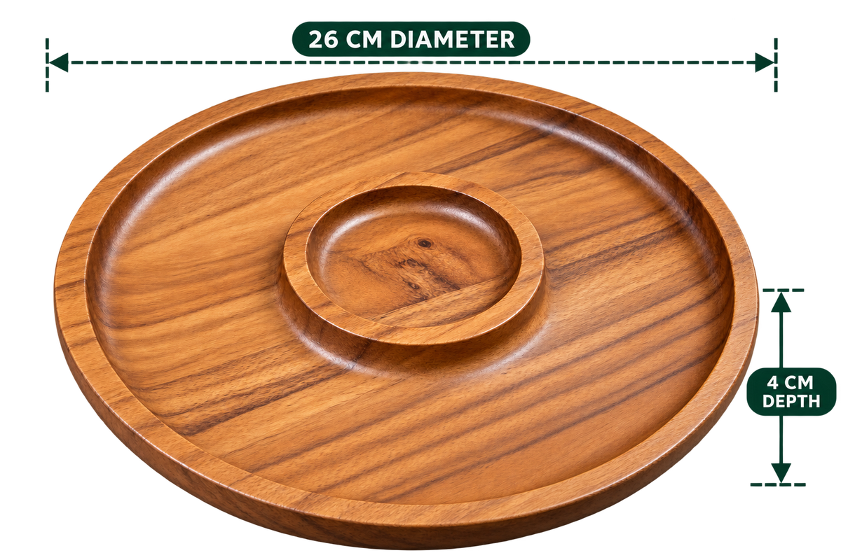 Round Chip N Dip 10.2 inch diameter empty wooden platter with built-in central dip well; photo labels 26 cm diameter and 4 cm depth