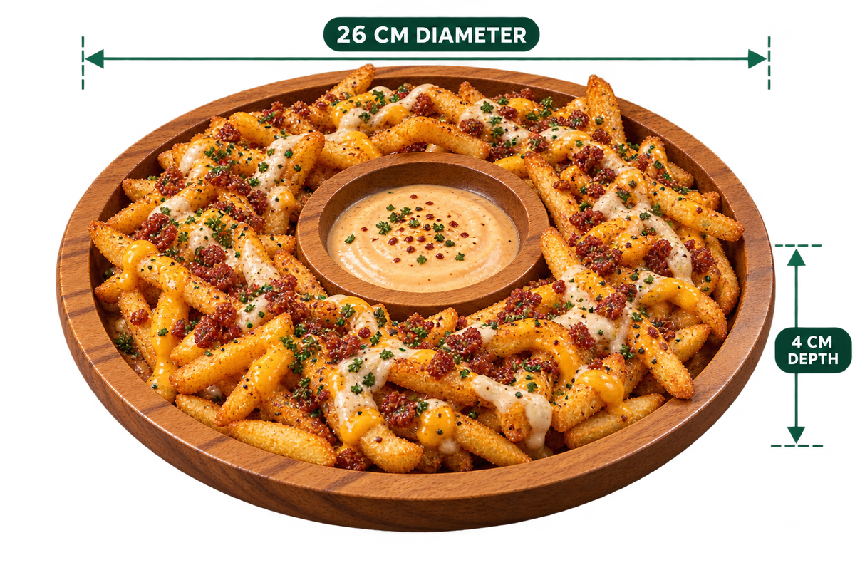 Round Chip N Dip 10.2 inch diameter serving presentation; one platter only, food not included; photo labels 26 cm diameter and 4 cm depth