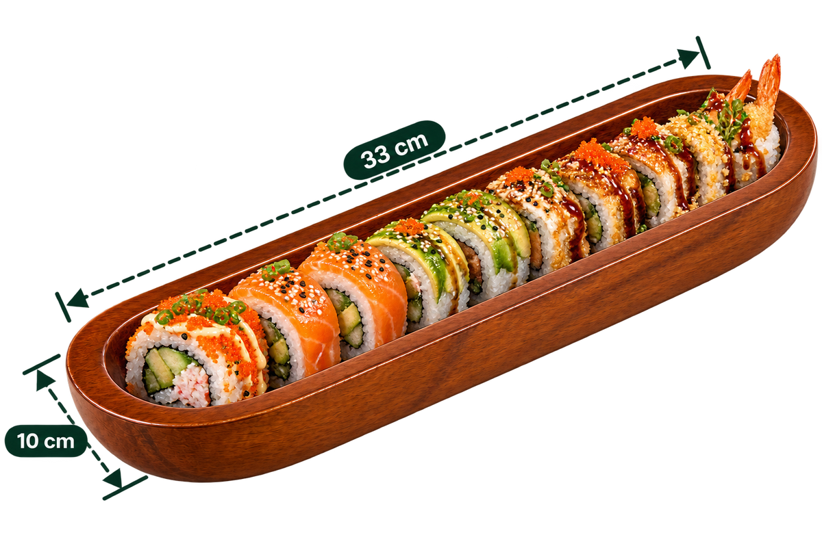 AnnServe Sushi Walnut Platter 13 inch length (33 cm), 10 cm wide; shown with sushi for illustration, food not included