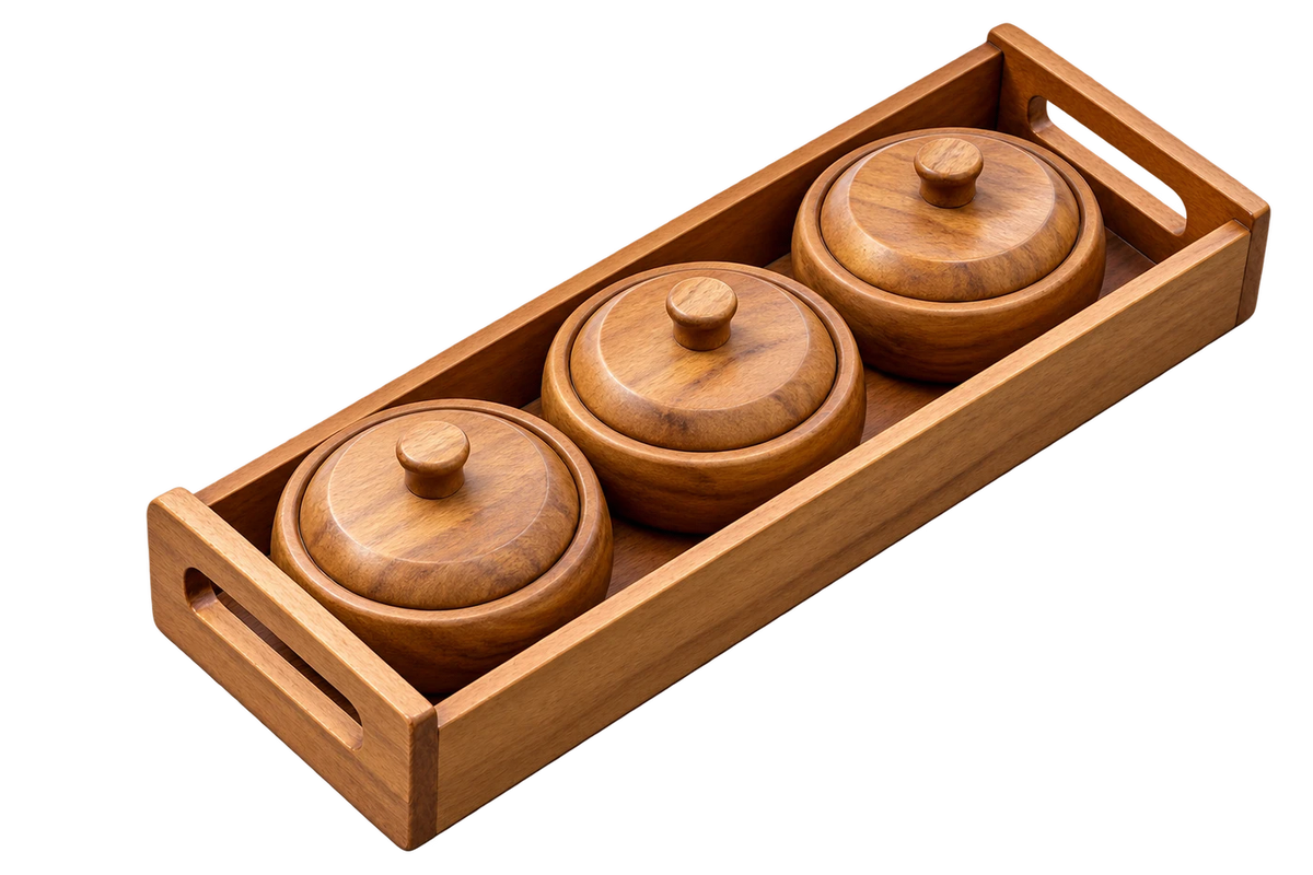 AnnServe Tray Pot Pickle Condiment Set, wooden tray with three lidded pots