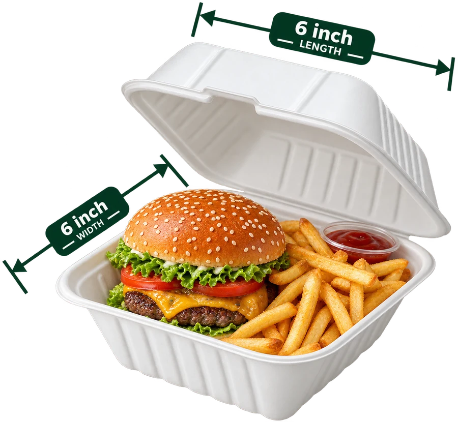 6 by 6 inch bagasse clamshell container